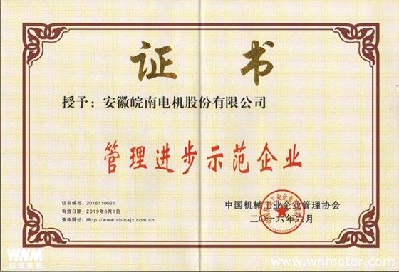 皖南电机再次荣获 “全国机械工业管理进步示范企业”称号
