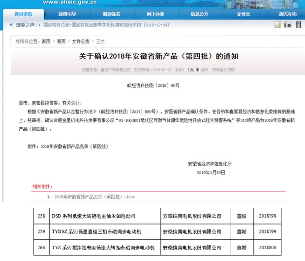 皖南电机：2018年安徽省新产品公示